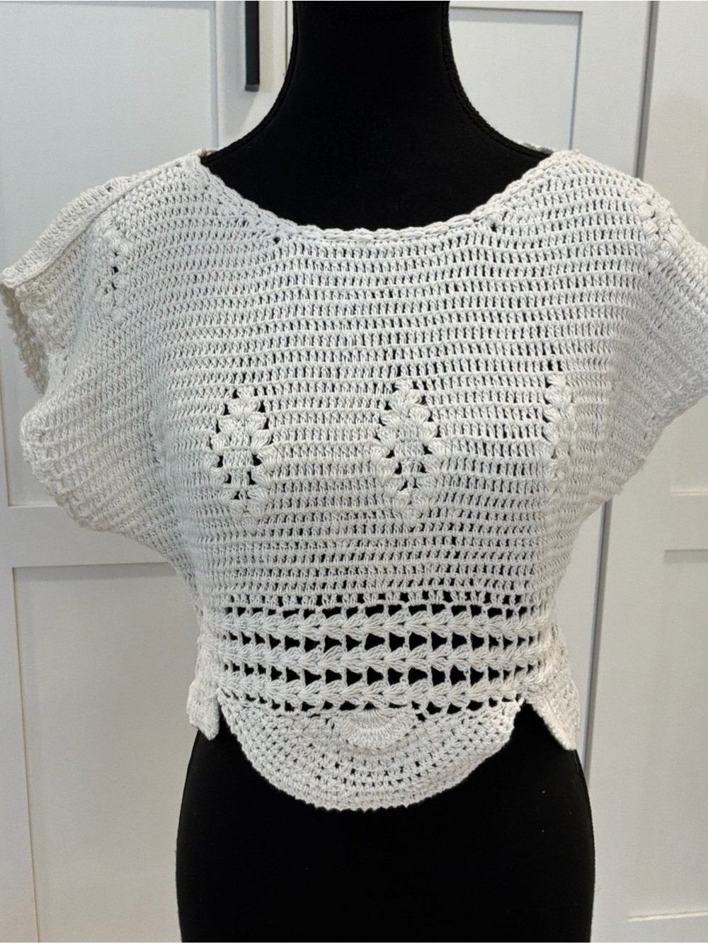 NWT Free People Scallop Hem Short Sleeve Crop Knit Sweater Open Weave L